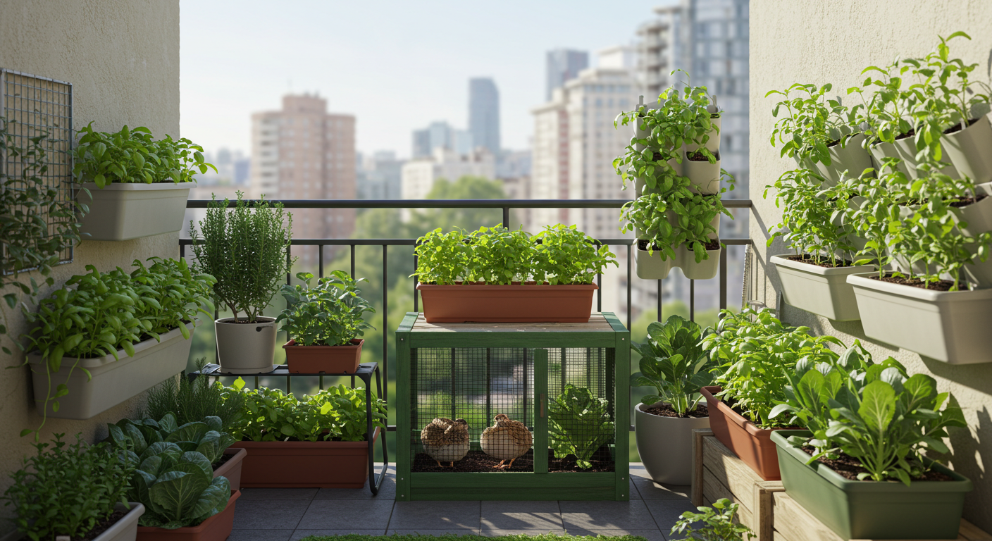 A thriving urban homestead on a city balcony features a variety of edible plants in containers and vertical gardens, including leafy greens and herbs. A small, clean quail enclosure is visible, with a blurred city skyline in the background, illustrating self-sufficient city living.