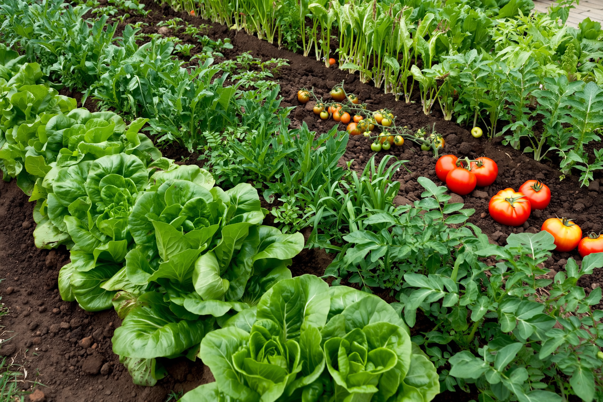 Lush vegetable harvest from a raised wicking bed, showing leafy green lettuce, Swiss chard, and ripe red tomatoes growing vigorously in rich compost soil.