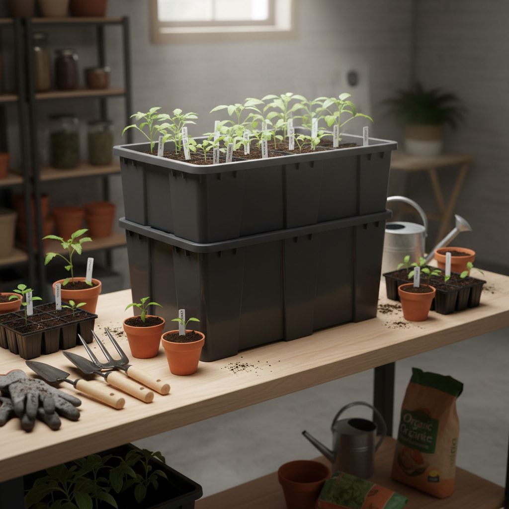 A home vermicomposting setup with a worm bin and healthy soil.