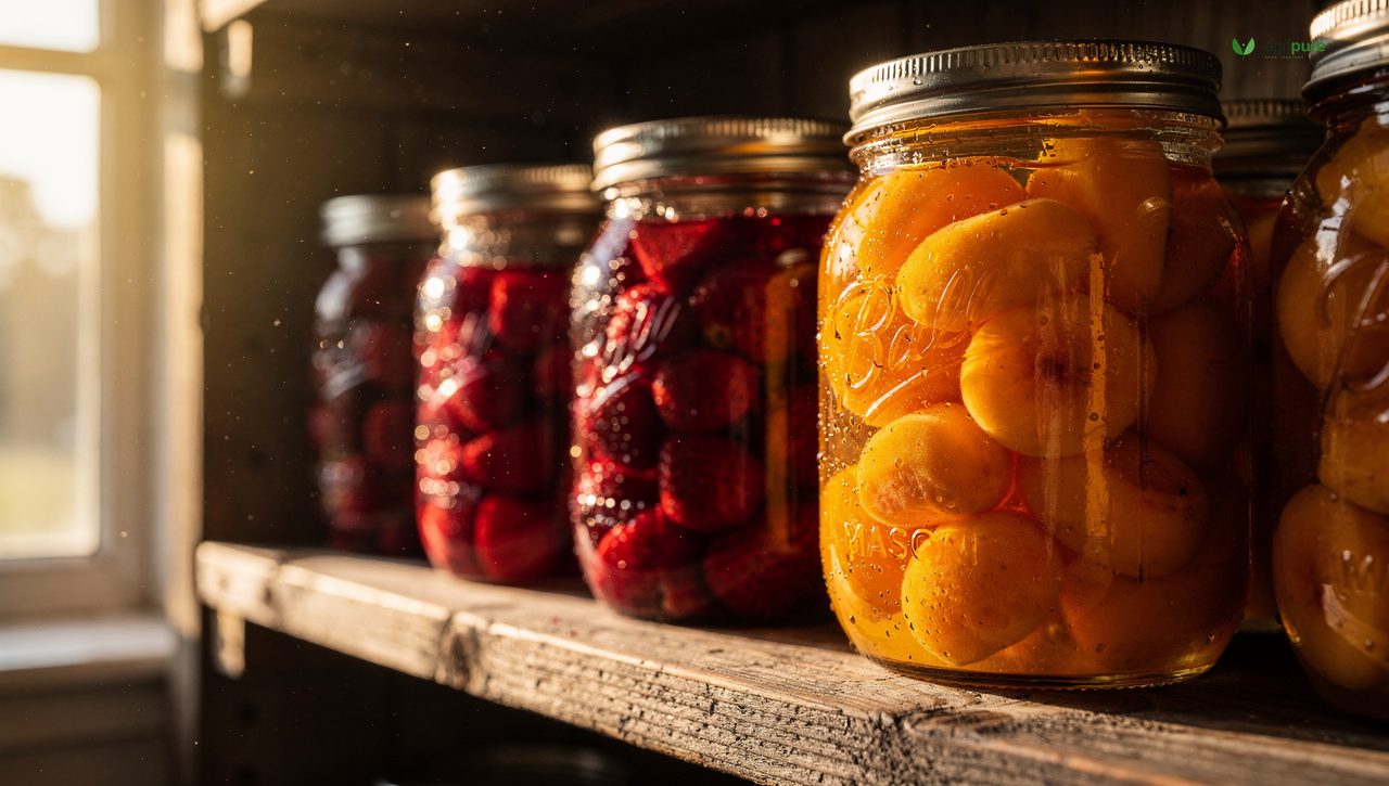 Close-up of mason jars filled with vibrant red strawberry jam sealed with new lids on a wooden pantry shelf
