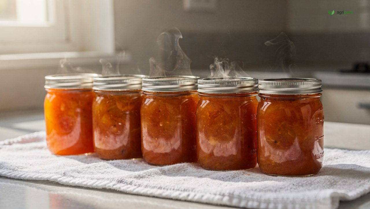 Eight mason jars cooling on a kitchen towel after water bath canning, lids slightly concave showing proper vacuum seals