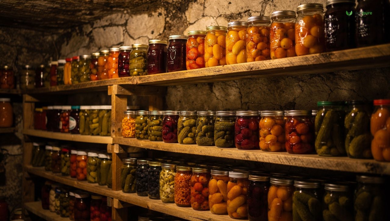 A well-organized root cellar shelf displaying rows of labeled home-canned mason jars with fruits and pickles, organized by date