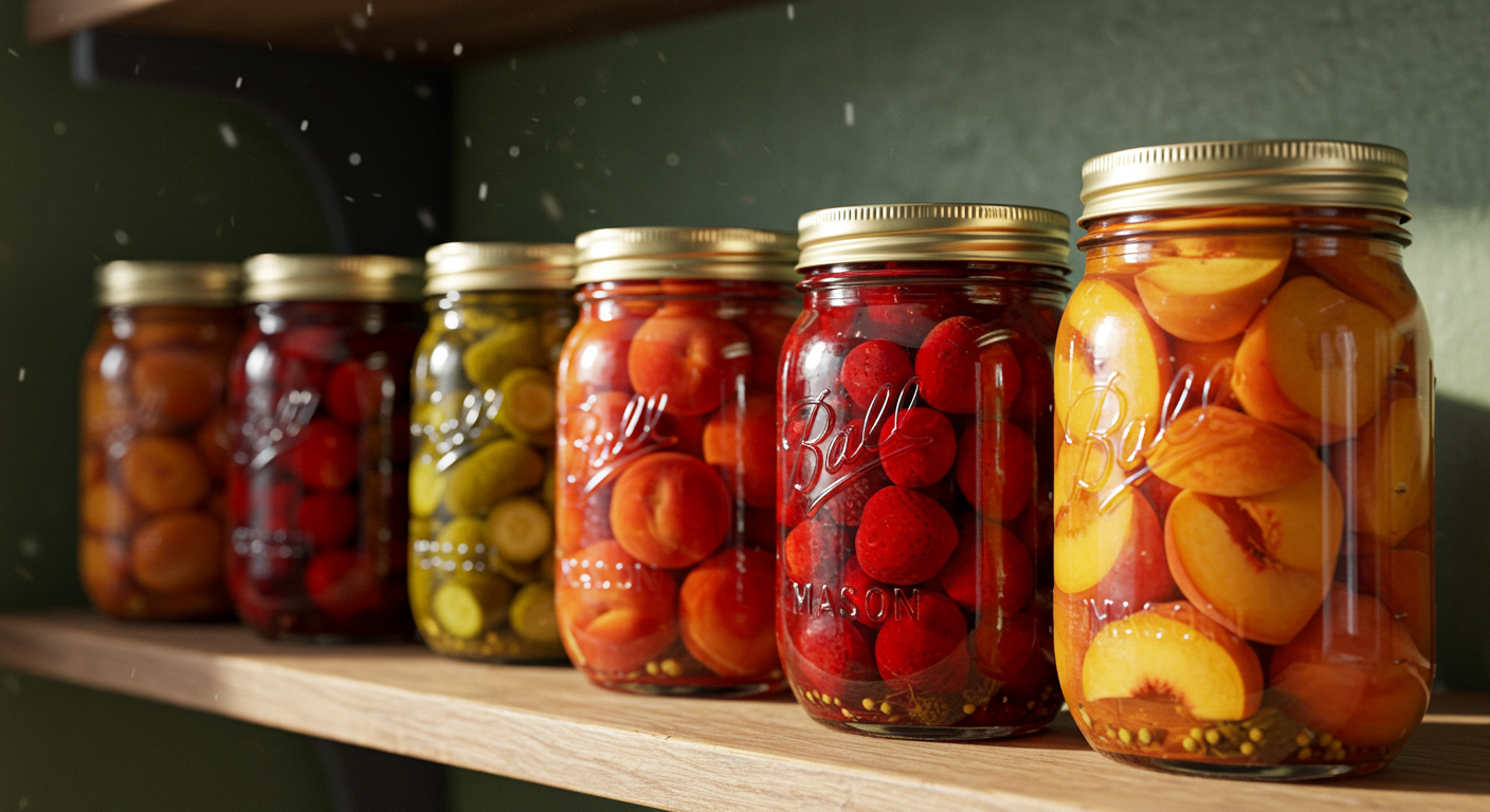 A photorealistic close-up view of three sealed mason jars filled with water-bath canned produce: one with bright red strawberry jam, one with green pickled cucumber slices, and one with golden peach halves, all sitting on a warm wooden shelf. Soft natural light illuminates the jars, showcasing the preserved food.