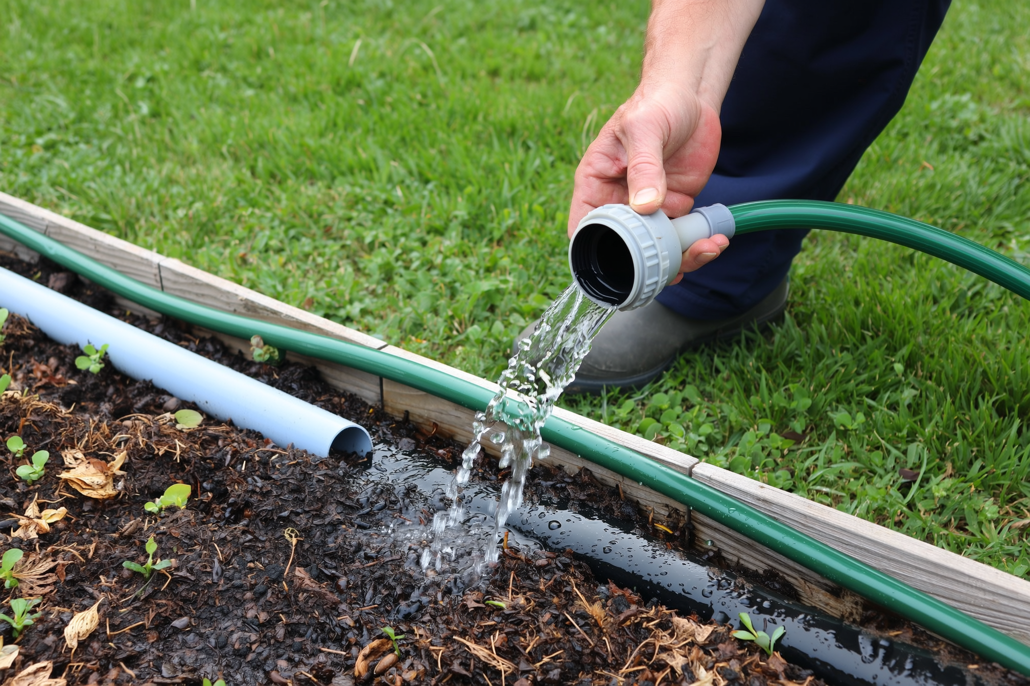 A gardener inserting a hose into the 2-inch PVC fill pipe of a wicking bed, with water starting to emerge from the overflow drain.