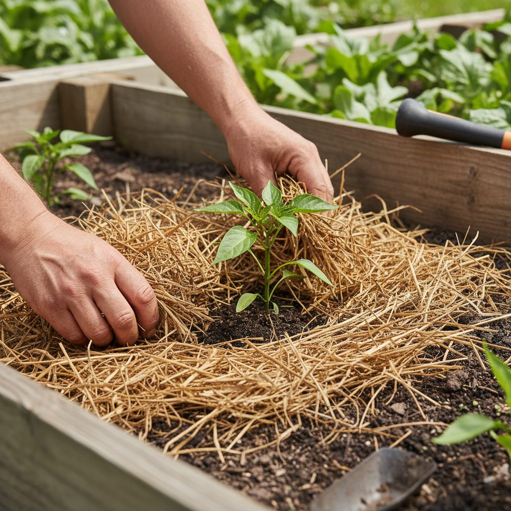 Hands applying a thick layer of straw mulch around a young pepper plant to conserve moisture in a hot garden.