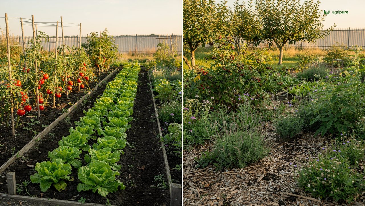 A tidy row of annual lettuce and tomatoes next to a layered planting of fruit trees, berry bushes, and herbs, showing the contrast in structure