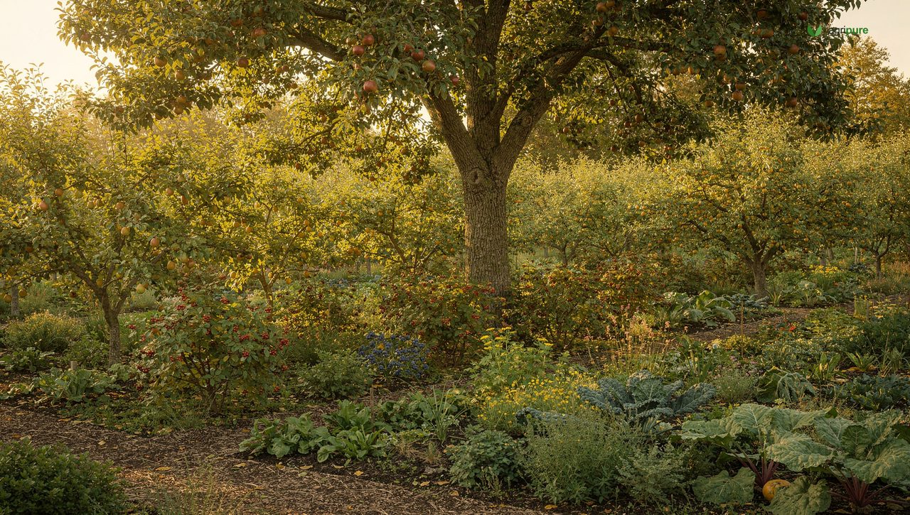 A cross-section view through a maturing temperate food forest showing tall fruit trees, smaller fruit trees, berry shrubs, and ground-level herbs and vegetables