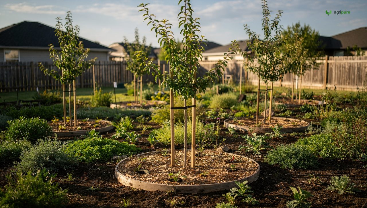 A young food forest in its second summer with newly planted fruit trees staked in mulch rings and ground cover already filling in between