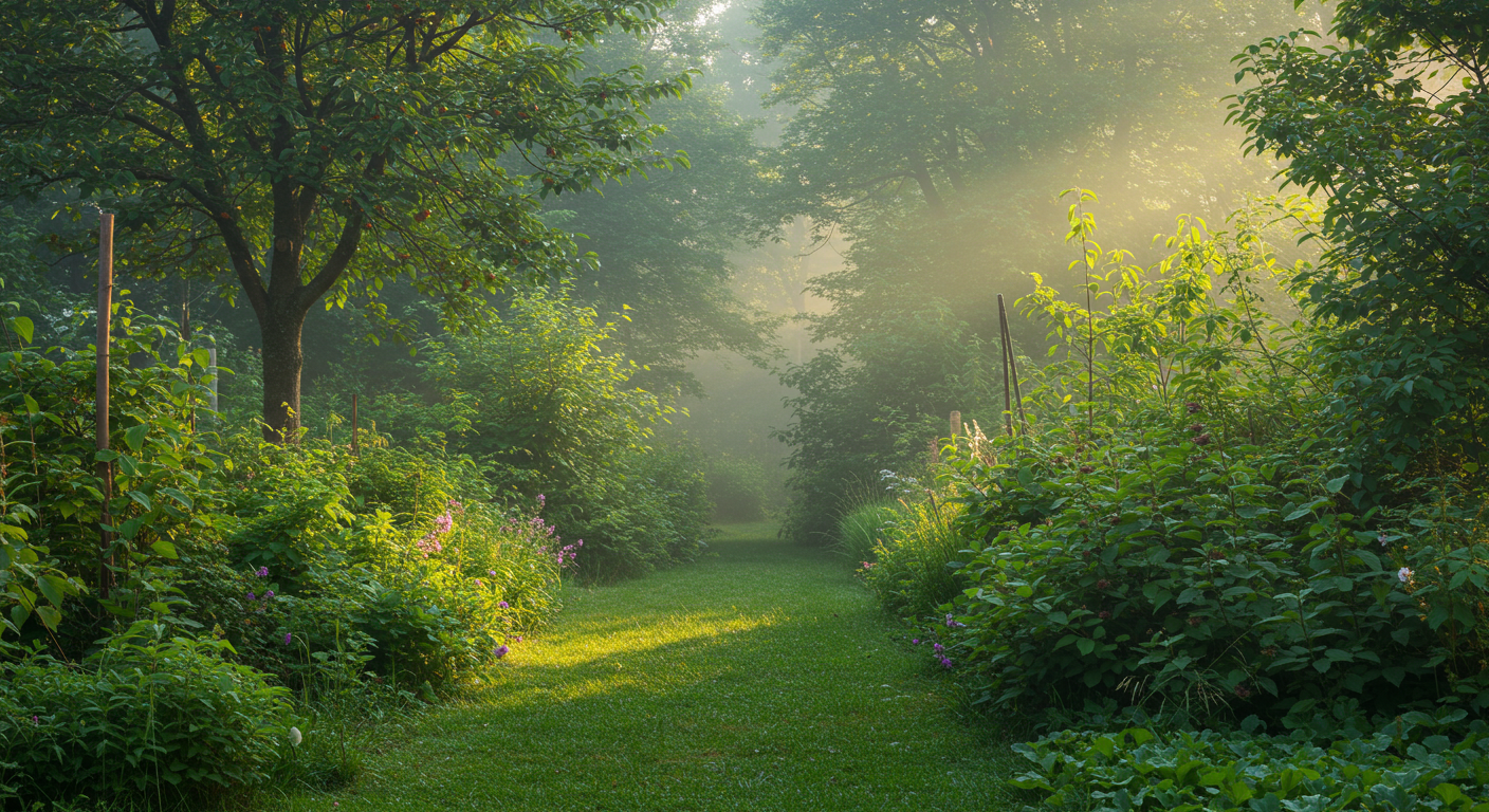 A dense, multi-layered food forest bathed in soft morning light, featuring tall fruit trees, medium-sized berry bushes, and ground-covering herbs, all growing together in an integrated edible ecosystem. The scene is vibrant and healthy, illustrating the concept of stacked vertical production in a naturalized setting.