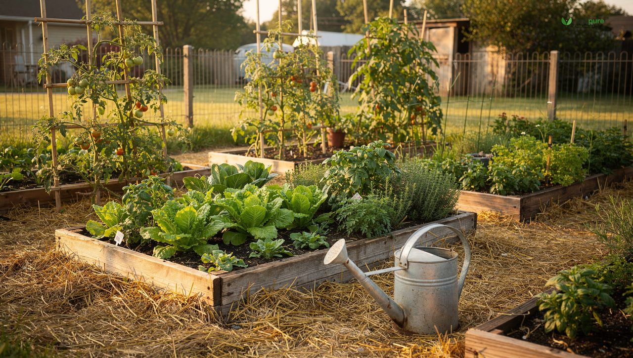 A backyard kitchen garden with raised beds of lettuce, tomatoes, and herbs on mulched paths in early summer morning light