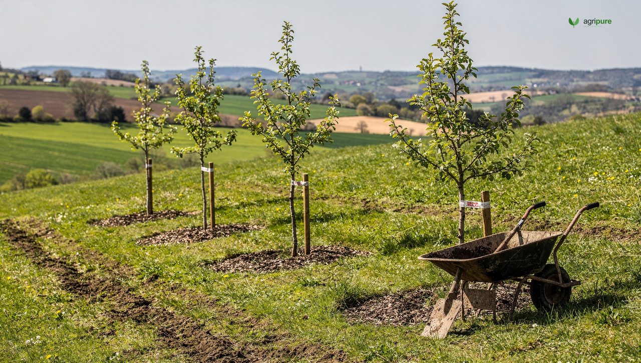 A freshly planted row of young fruit trees staked with mulch rings on a green slope, a wheelbarrow and spade resting beside them