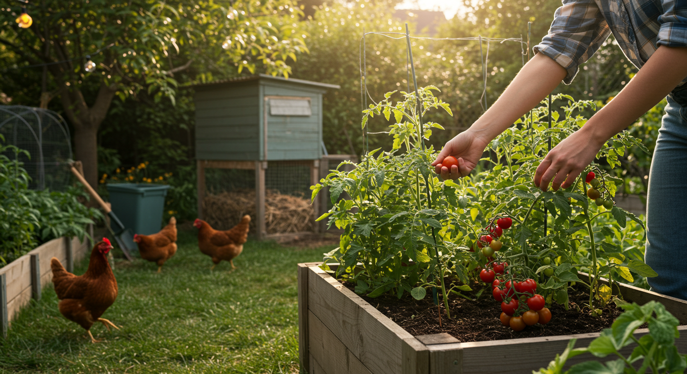 A close-up, photorealistic image of a person's hands harvesting bright red cherry tomatoes from a raised garden bed. In the soft-focused background, a wooden compost bin and a small chicken coop with two foraging hens are visible, bathed in natural sunlight. The scene depicts a serene urban or suburban homestead.