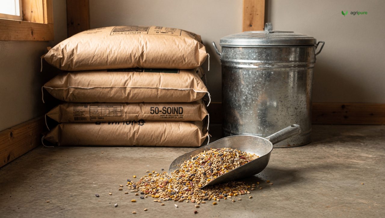 Several stacked 50-pound feed sacks beside a galvanized metal storage can in a homestead feed room with a scoop of whole-grain feed