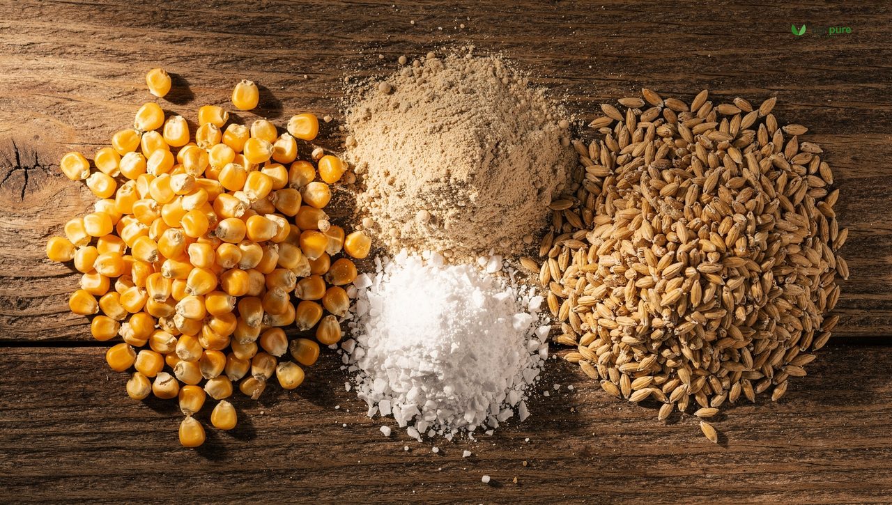 Small piles of chicken feed ingredients on a rustic table: golden cracked corn, beige soybean meal, white crushed oyster shell, and whole wheat