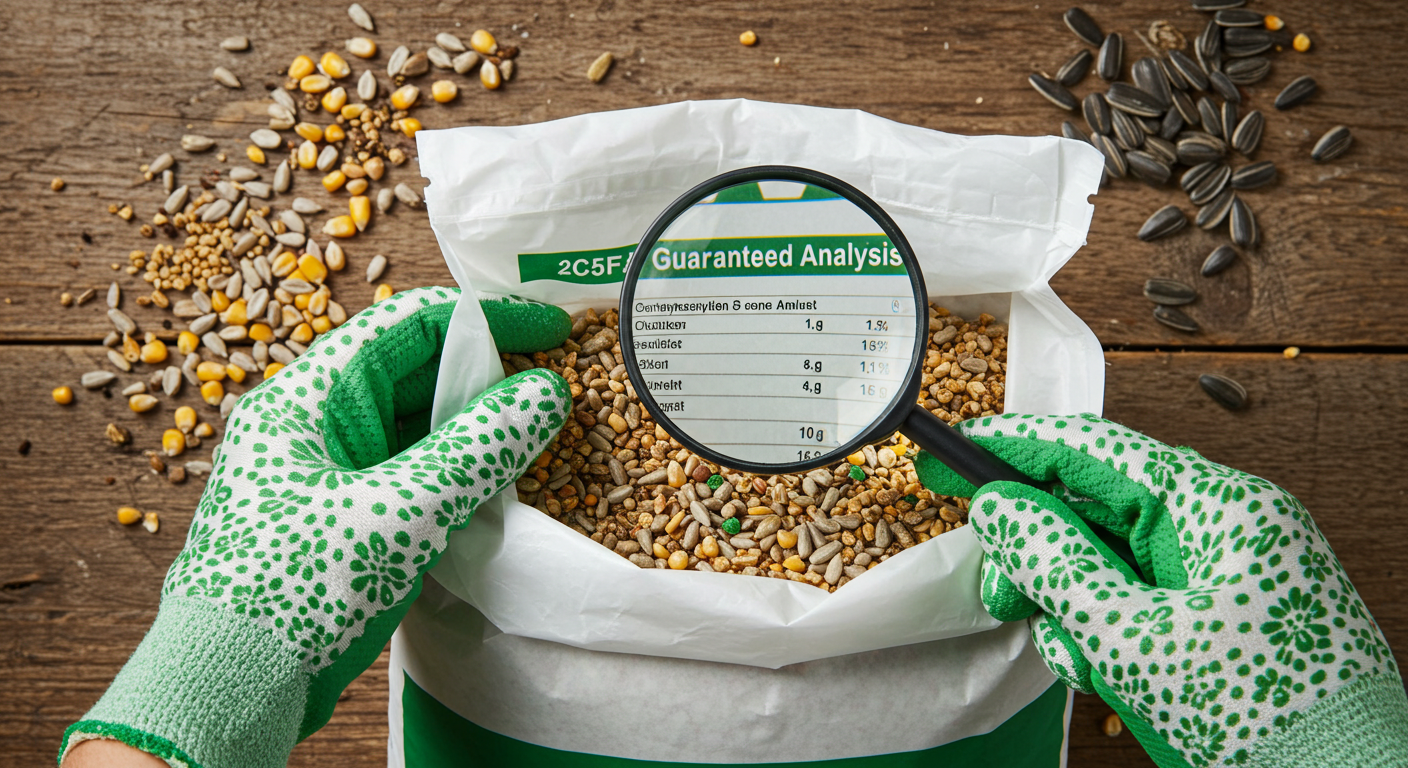 A hand wearing a light green glove uses a magnifying glass to examine the 'guaranteed analysis' label on a white and green chicken feed bag. The bag sits on a rustic wooden table with scattered feed ingredients around it, illuminated by soft natural light.
