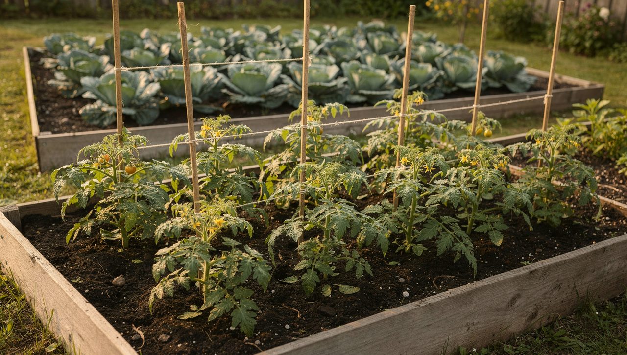 A well-spaced raised vegetable bed with staked tomatoes given room of their own, separated from a distant block of cabbages, in clear morning light.