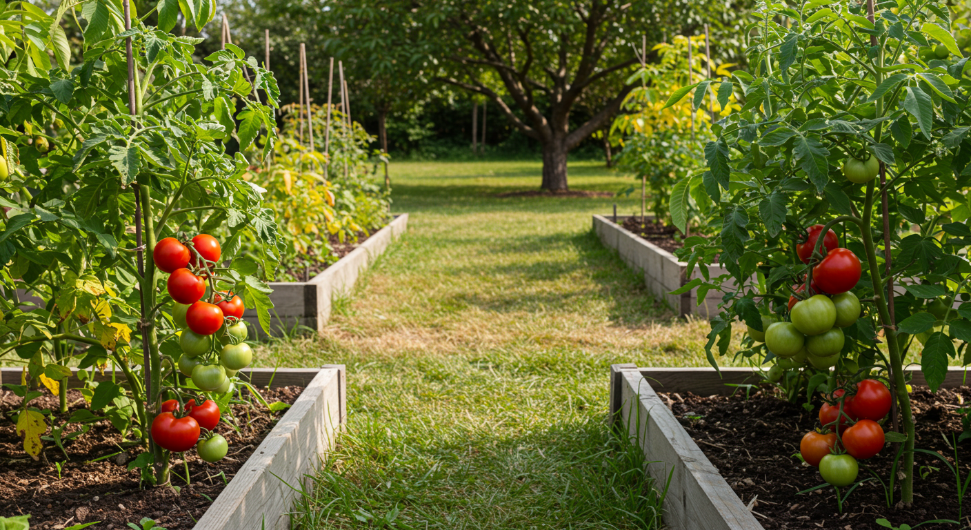 A photorealistic image showing a healthy, robust tomato plant bearing ripe fruit in the foreground of an organic garden. In the background, beyond a subtle visual separation, another section of the garden appears less vibrant with noticeably smaller, less healthy plants, with a mature black walnut tree faintly visible on the horizon, illustrating the impact of poor companion planting.