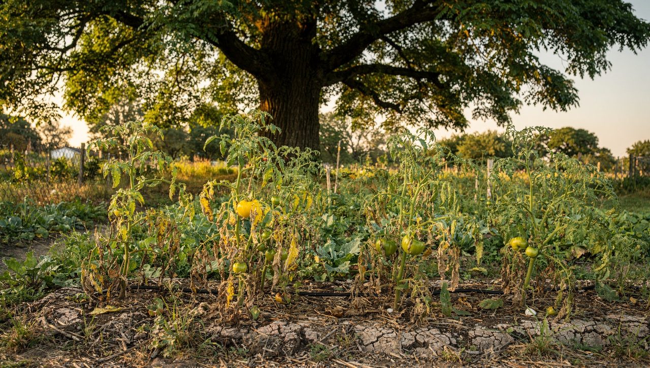 A large black walnut tree at the edge of a garden with wilting tomato plants in the foreground showing yellowed lower leaves in afternoon light.