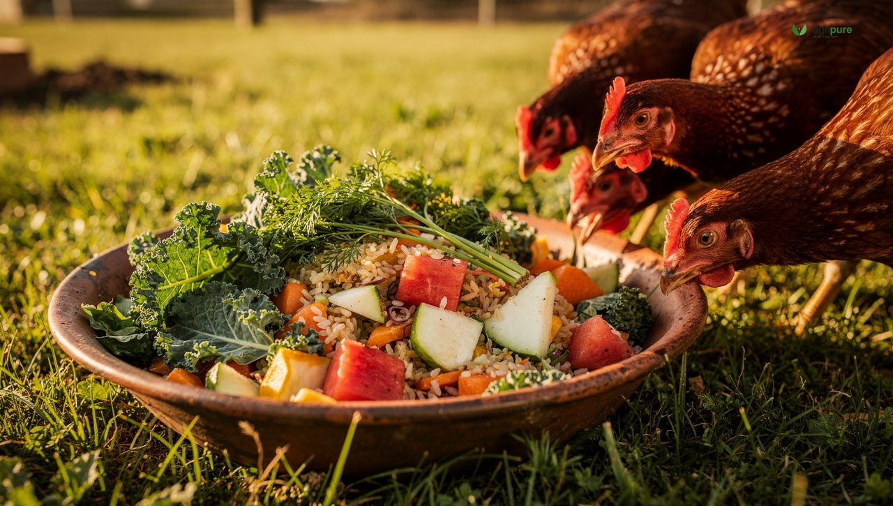 A shallow bowl of chopped kitchen scraps — kale leaves, carrot tops, watermelon rind, and cooked rice — set on the grass with curious brown hens approaching it