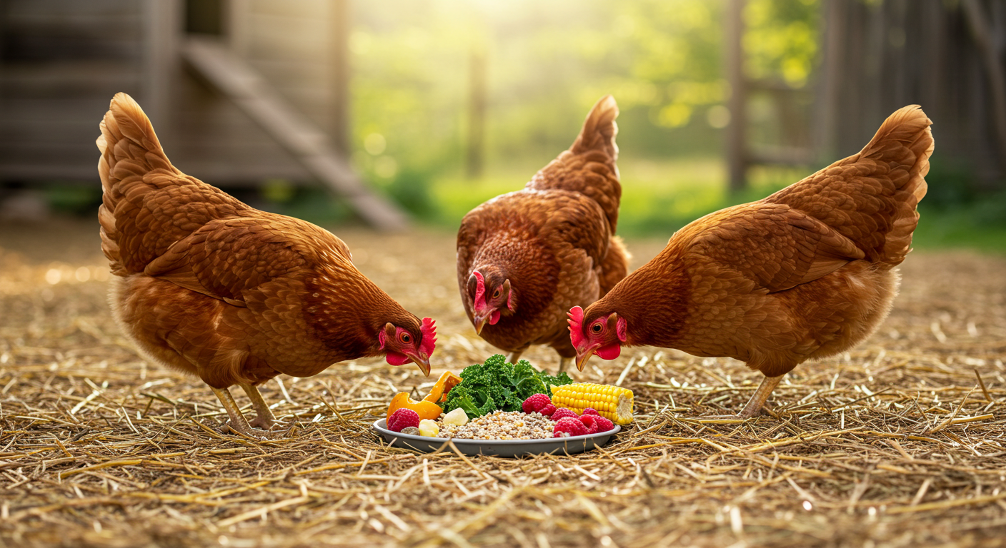 Three healthy chickens, a Rhode Island Red, a Plymouth Rock, and a Leghorn, are happily pecking at a small pile of fresh, nutritious kitchen scraps like kale and berries on clean straw. In the soft-focus background, a rustic wooden coop and green foliage are visible, under bright natural light.