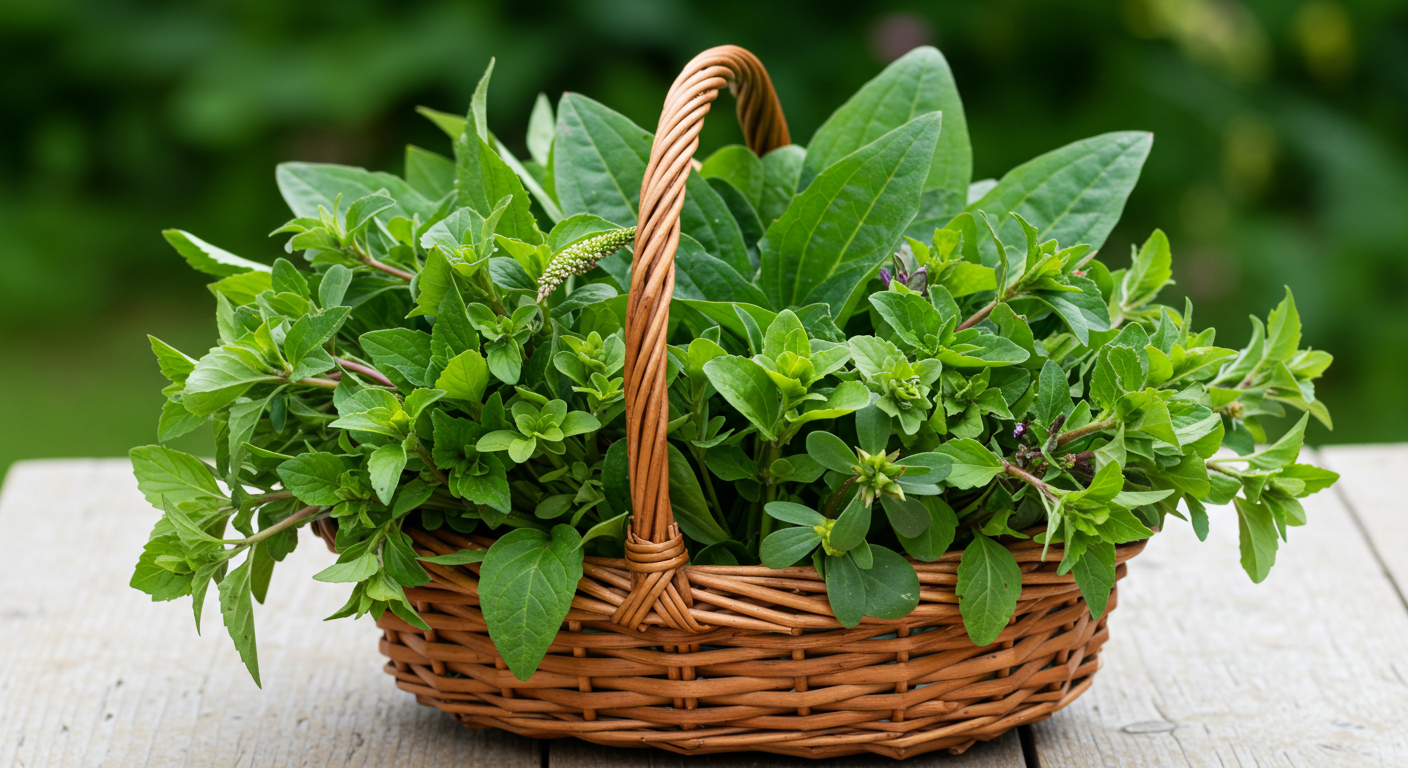 A rustic woven basket holds a fresh harvest of various wild edible greens, including dandelion, purslane, plantain, lamb's quarters, chickweed, and violet leaves, arranged artfully on a light wooden surface in soft natural light.