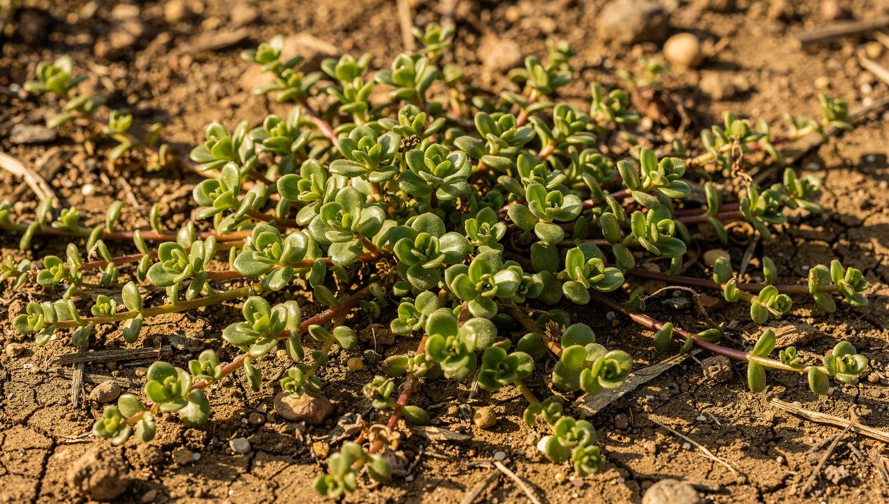 A low mat of succulent purslane with thick paddle-shaped leaves on reddish stems spreading across bare garden soil in summer sunlight.