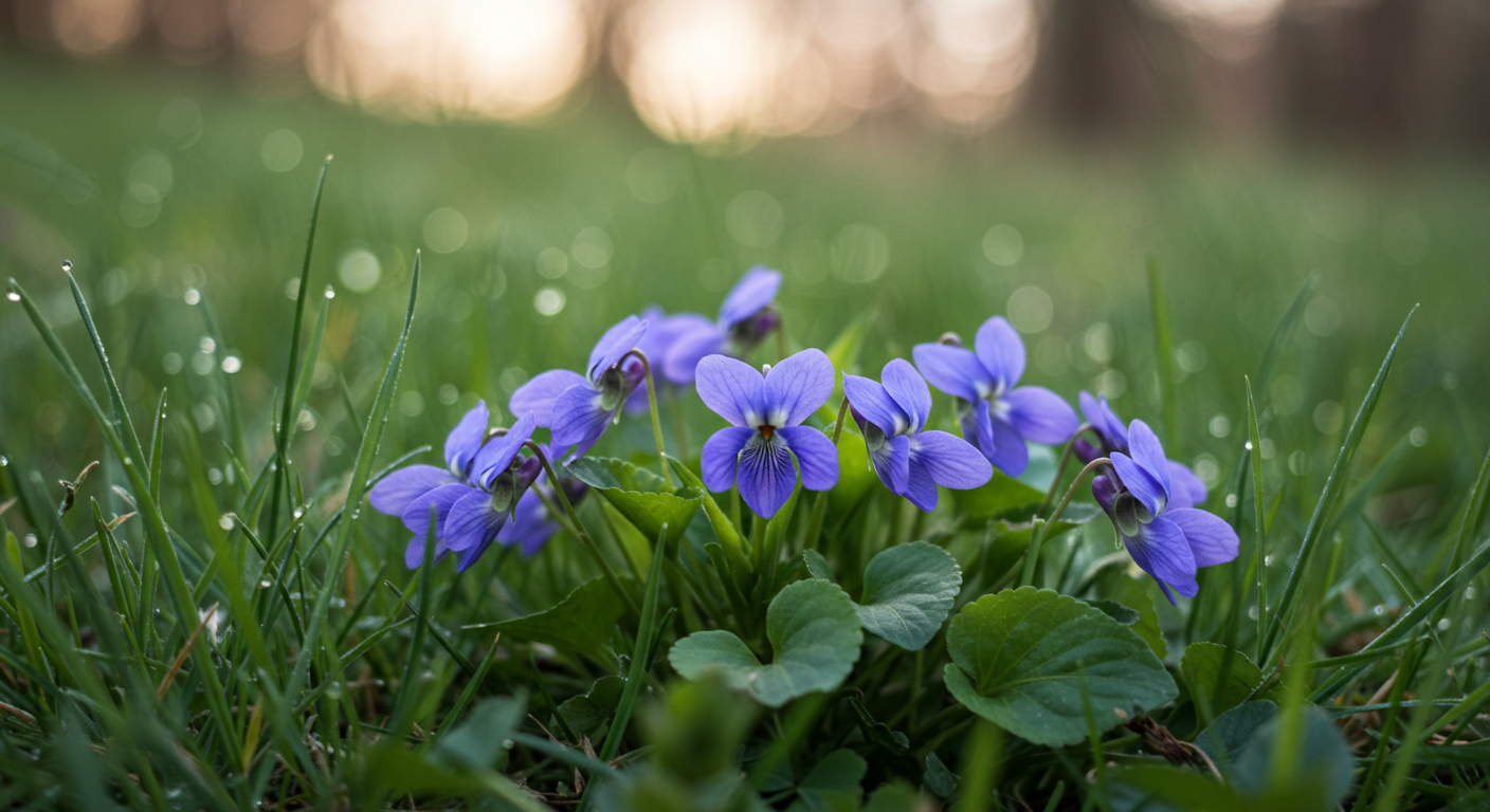 Close-up, photorealistic image of common blue violets (Viola sororia) with deep blue-purple, five-petal flowers and prominent heart-shaped green leaves growing abundantly in a dewy lawn, illustrating their typical appearance in a natural setting.