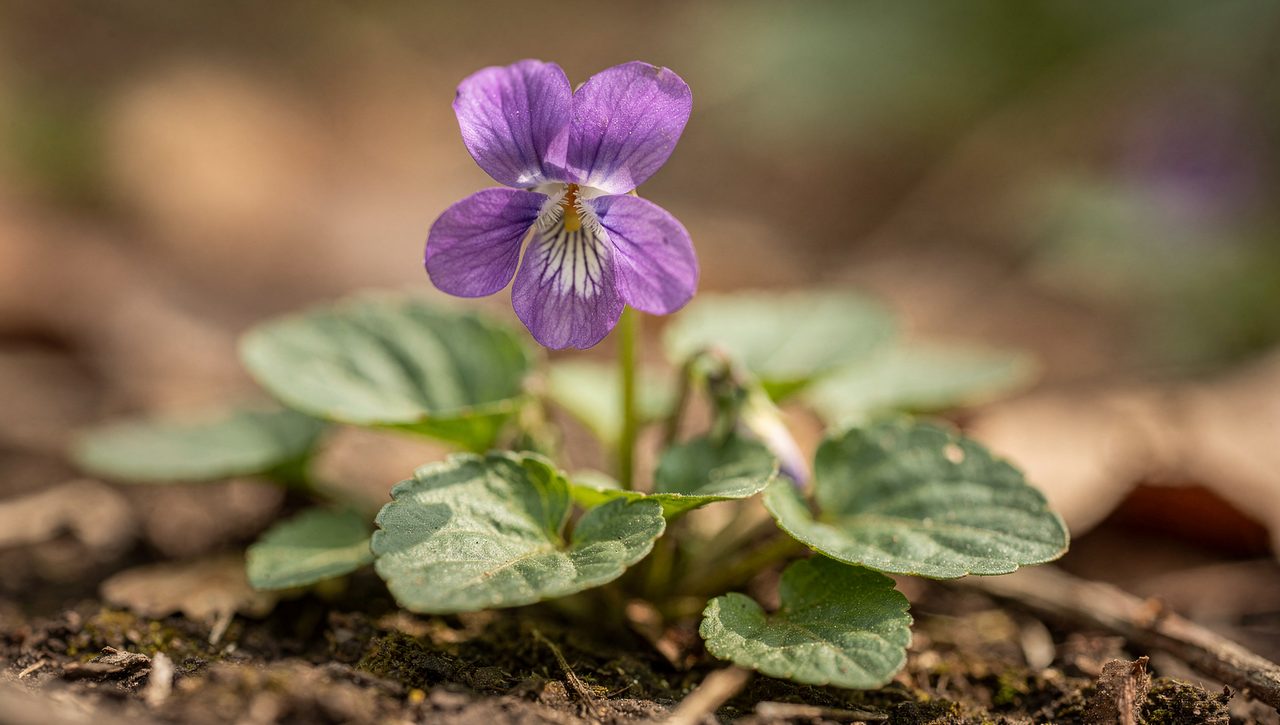 Close-up of a single wild violet plant showing a rosette of heart-shaped leaves with scalloped edges and one open five-petal purple flower on a slender stalk.